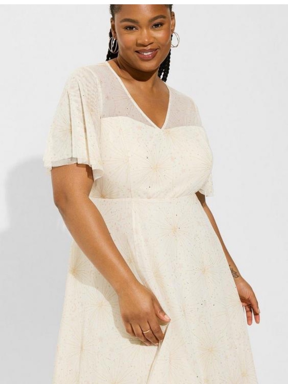 torrid Cream V‑Neck Midi Dress with Flutter Sleeves - Picture 2 of 5